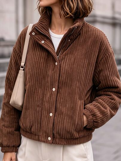 SHEIN Women's Autumn/Winter Khaki Vertical Striped Corduroy Hooded Padded Coat, Zipper & Snap Button Loose Short Fleece Coat, Thickened Casual Padded Coat