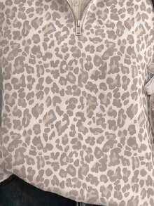 SHEIN EZwear 經典豹紋半拉鍊女款運動衫，水洗白與灰色，秋季休閒街頭風，適合多種場合，Y2K復古風，返校季秋冬上衣 - 彩色 - 查看 5