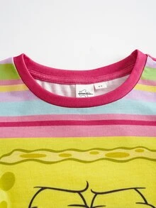SpongeBob SquarePants | SHEIN Young Girl Striped Cartoon Graphic Print Short Sleeve T-Shirt - Pink - View 3