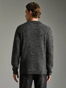 Calmiston 休閒男士羊毛素色 Polo 領短袖針織毛衣，度假風男友禮物，紋理質感老錢風 - 灰色 - 查看 6