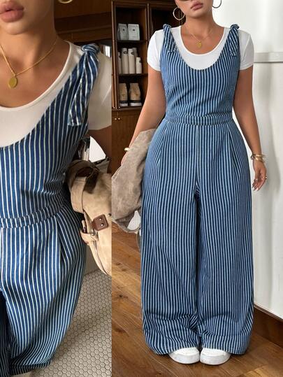 Rivivi Summer New Sexy Loose Print Striped Plus Size Denim Jumpsuit