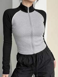 Dazy Plus Colorblock Patchwork Fitted Casual Short Jacket, Blogger Style, Spring/Autumn New Thin Outerwear - Grey - View 4