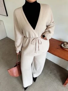 Dazy Plus Setelan Dua Potong Atasan Asimetris Warna Polos dengan Ikatan Depan & Celana Panjang Kasual untuk Kerja di Kantor, Musim Gugur/Musim Dingin, Model Sweater Baru - Khaki - View 5