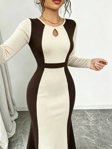 Elenzga Mature Style Slimming Ceiling Coffee & Beige Contrast Vertical Ribbed Fitted Dress, Vintage Hollow Neckline Mermaid Tail Dress - Multicolor - View 9