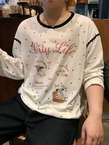 Dazy Plus Letter Print Cartoon Pattern Loose Fit Korean Style Long Sleeve White T-Shirt - White - View 5