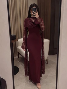 Modelyn 女款優雅復古拼接精緻蕾絲修身長袖洋裝，帶有懷舊氛圍 - 酒紅色 - 查看 8