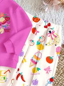 Young Girl Cute Nordic Style Dopamine Fun Fruit & Floral Pattern, Casual Loose Drop Shoulder Long Sleeve Sweatshirt & Pleated Wide Leg Sweatpants Set With Fleece Lining - Multicolor - View 11
