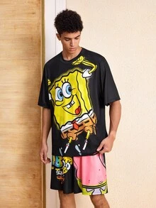 SpongeBob SquarePants | SHEIN Men's Cartoon Pattern Printed T-Shirt And Shorts Set - Black - View 3