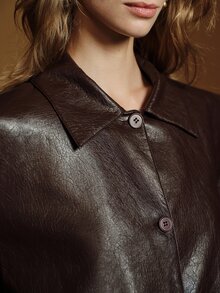 Anewsta Essential Blazer Wanita Kasual Modern Fashion Musim Gugur/Dingin, Warna Cokelat Kopi Maillard dengan Panel Struktur PU untuk Perjalanan Sehari-hari - Coffee Brown - View 2