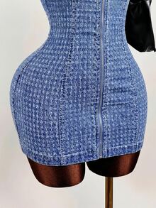 Slaydiva Plus Size Women's Collared Short Sleeve Zipper Denim Mini Dress - Blue - View 5