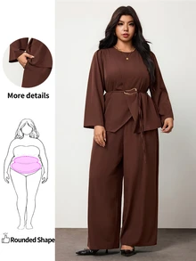 Enliva Plus Size Women's Two Pieces Pants Set Long Sleeve Belted Top Wide Leg Pants Elegant Outfit Flattering Compatible With Apple Shape Fall - Brown - View 1