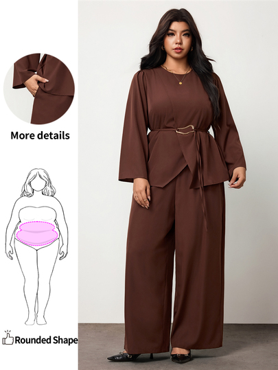 Enliva Plus Size Women's Two Pieces Pants Set Long Sleeve Belted Top Wide Leg Pants Elegant Outfit Flattering Compatible With Apple Shape Fall