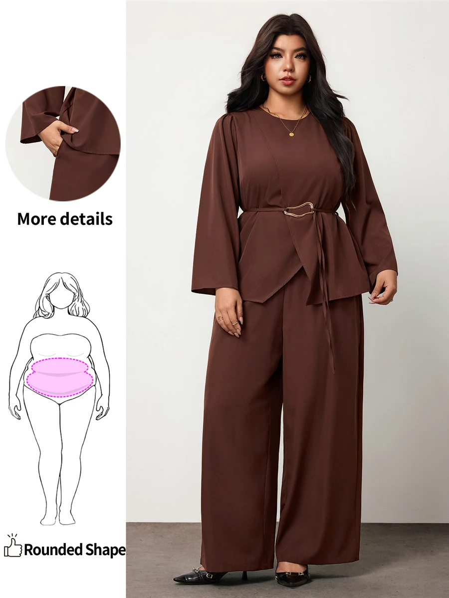 Enliva Plus Size Women's Two Pieces Pants Set Long Sleeve Belted Top Wide Leg Pants Elegant Outfit Flattering Compatible With Apple Shape Fall - Brown - View 1