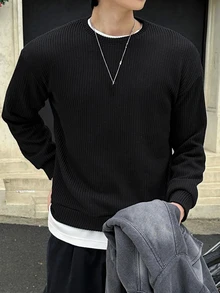 DAZY Spring/Autumn Round Neck Black Ribbed Heavyweight Loose Fit Men's Pullover Sweatshirt - Black - View 7