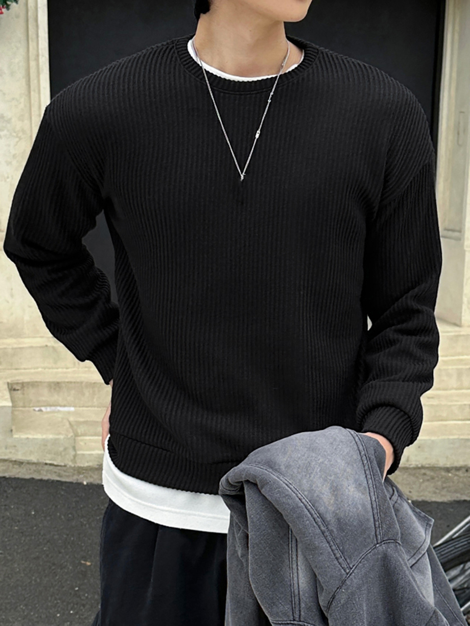Spring/Autumn Round Neck Black Ribbed Heavyweight Loose Fit Men's Pullover Sweatshirt