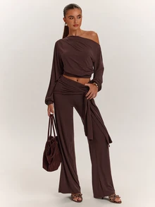 SHEIN BAE Fall Clothes For Women Sexy Asymmetrical Shoulder Top & Tie Waist Long Pants Brown Two Pieces Set Elegant Set Casual Set - Brown - View 4