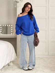 SHEIN EZwear 秋冬款皇家藍保暖內裡寬鬆不對稱肩設計女款運動衫 - 寶藍色 - 查看 5