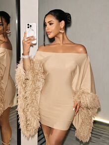 BamGleam Women's Solid Color Cold Shoulder Batwing Sleeve Faux Fur Patchwork Party Fashion Dress - Apricot - View 5