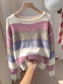 SHEIN 青少年女孩休閒彩色條紋露肩寬鬆蝙蝠袖長袖針織衫，秋冬返校季 - 粉色 - 查看 2