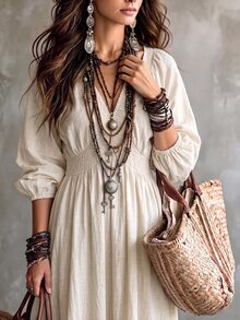 Breezaya Casual Boho Vacation V-Neck Long Sleeve Beige Women's Dress - Beige - View 4