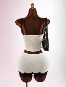 Amplova Autumn/Winter Party Home Daily Date Lace Patchwork Knit Vest Mini Skirt Knit Set - Apricot - View 6