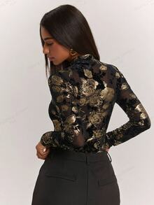 SHEIN BAE Autumn/Winter Solid Color Long Sleeve Gold Thread Rose Flocked Bodysuit Innerwear For Women - Black - View 2
