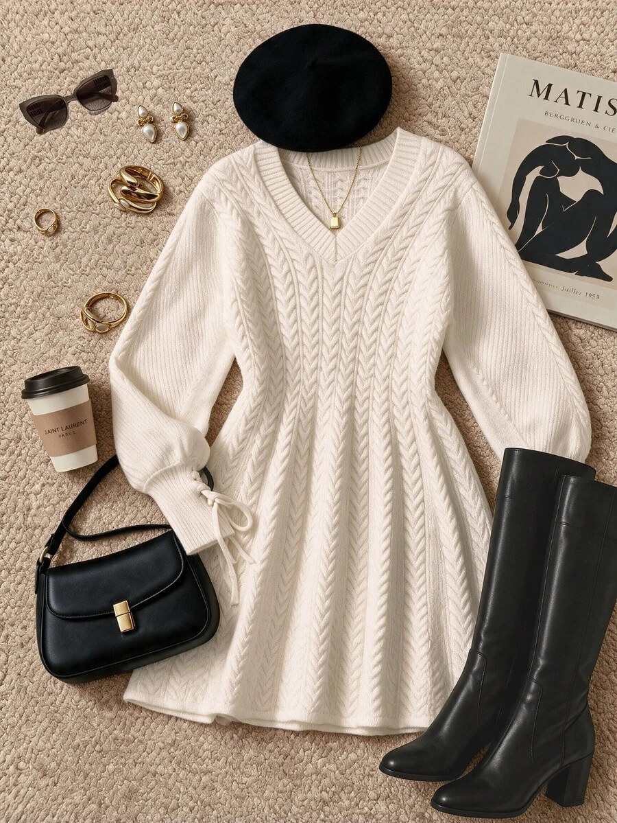 Maweii Plus Size Women Long Sleeve V-Neck Cinched Waist Knit Dress - Apricot - View 1