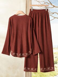 Rusticease Button Embroidered Rolled Sleeve Top And Solid Color Elastic Waist Long Pants 2 Pieces Set - Brown - View 7