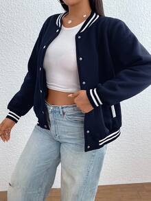 SHEIN EZwear 女款大尺碼秋冬時尚經典棒球夾克 - 藏蓝色 - 查看 1