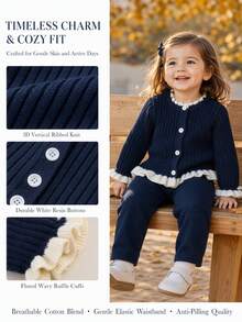 SHEIN Set Kardigan Rajut & Celana Bayi Perempuan Warna Biru Navy dengan Aksen Kontras dan Rumbai, Outfit Sweater 2 Potong Bergaya - MultiWarna - View 6