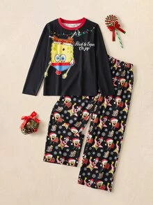 SpongeBob SquarePants | SHEIN Tween Boy Cartoon Print Long Sleeve Top And Pants Loungewear Set - Black - View 1