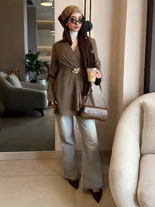 Solavon New Design V-Neck Waist-Cinching Shirt With Back Tie And Metal Buckle Decor, Elegant Daily Commute Versatile Blouse Top - Brown - View 3