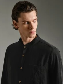 Calmiston Men's Minimalist Versatile Pocket Single-Breasted Long Sleeve Shirt Festival Festival Pull, Sweaters カーディガン - Black - View 4