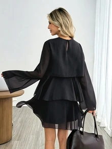 Easowa Round Neck Multi-Layer Ruffle A-Line Chiffon Sheer Flowy Long Sleeve French Elegant French Autumn/Winter Women's Short Dress Brunch Tea Party Black - Black - View 3