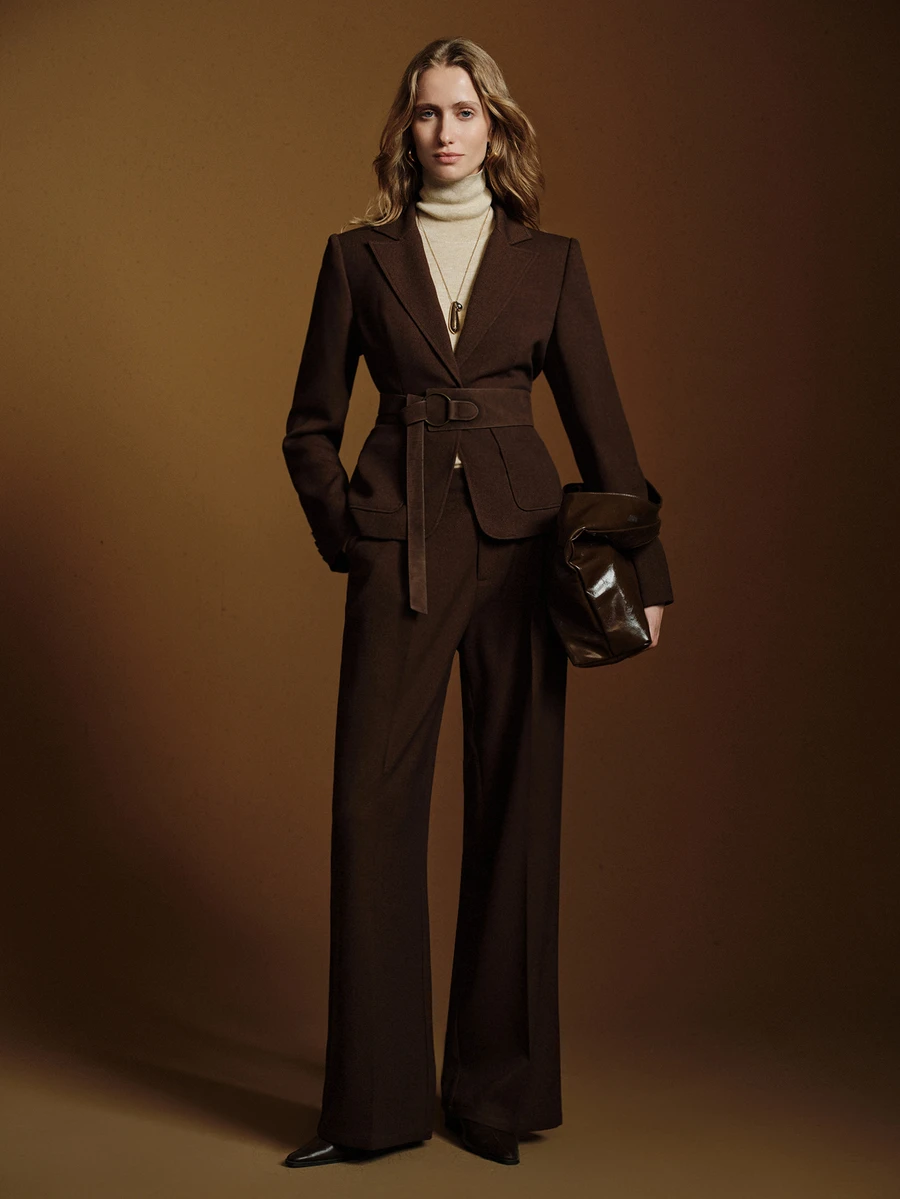 Anewsta Essential Women's Minimalist Elegant Commuter Slimming Waist-Cinching Fitted Single-Button Blazer And Straight Leg Trousers Suit Set - Coffee Brown - View 1