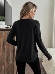 Easowa Pure Black Solid Color Cotton Button Front Long Sleeve T-Shirt Women's Top, - Black - View 3