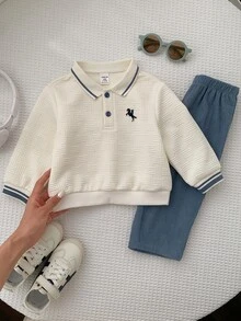 SHEIN 男嬰騎士圖案長袖 Polo 衫與長褲休閒日常套裝 - 彩色 - 查看 7