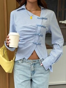 Siren Gaze Autumn/Winter New Pure Cotton Blue & White Striped New Chinese Style Frog Button Shirt For Women - Blue and White - View 3