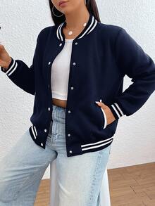 SHEIN EZwear 女款大尺碼秋冬時尚經典棒球夾克 - 藏蓝色 - 查看 8