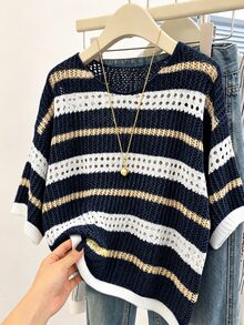 EMERY ROSE Plus-Size Women's Spring/Summer Casual Wear: Simple, Versatile, And Fresh Style. Features Contrasting Colors, Stripes, Cutouts, And Crochet Details. A Loose-Fitting, Round-Neck Plus-Size Knit Top Perfect For Spring And Summer. - Navy Blue - View 4