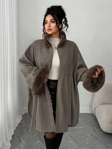 Modelyn Plus Size Vintage Faux Fur Collar Zipper Tie Coat For Vacation - Coffee Brown - View 3