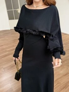 Feyla Women's Solid Color Asymmetrical Shoulder Casual Daily Knit Dress - Black - View 5