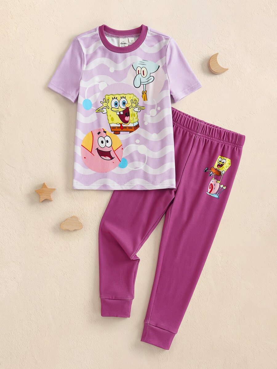 SpongeBob SquarePants | SHEIN طقم بيجامة منزلي يومي كاجوال للبنات الصغيرات بطبعة كرتونية، توب بأكمام قصيرة وبنطلون طويل - الأرجواني - مشاهدة 1