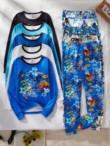 青少年男孩 4件套長袖上衣與長褲針織高彈力酷印花，足球元素與遊戲機元素組合，舒適柔軟貼身家居服，男孩最佳禮物，適合秋冬季節、居家休閒、假日派對與家庭穿搭 - 彩色 - 查看 7