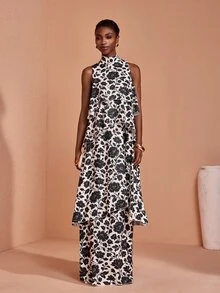 JIAN LASALA Knit Floral Print Halter Neckline Sleeveless Multi Uneven Ruffle Hemline Long Dress Elegant - Black and White - View 5
