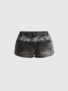 ROMWE Grunge Punk Y2K Millennium Hot Girl Skull Embroidery Cross Rivet Ultra Low Waist Women's Denim Shorts - Black - View 2