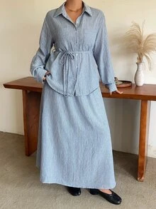 Dazy Plus Set 2 Potong Kemeja Longgar Kasual Bertali dengan Motif Garis dan Rok, Fashion Baru Musim Semi/Gugur - Biru - View 7