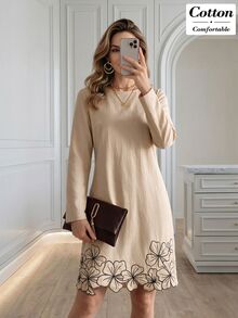 Medorina Women's Fashion Embroidered Long Sleeve Dress For Vacation And Dating - Apricot - View 3