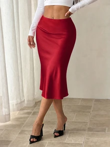 SHEIN PETITE 黑色高腰純色緞面質感裙，適合舞蹈與日常穿著 - 紅色 - 查看 5