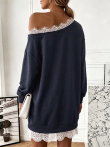 Holdful Holdful Women's Lace Patchwork Cold Shoulder Long Sleeve Mini Dress - Navy Blue - View 2